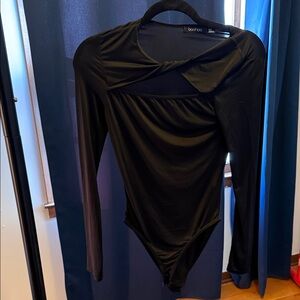 Boohoo Black Draped Long Sleeve Bodysuit